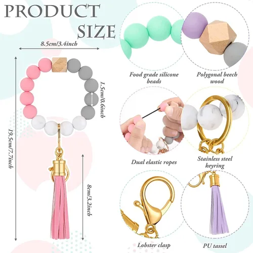 Vista 7 de Llavero de pulsera para mujer, de silicona, con cuentas y soporte para tarjetas, con cuentas elásticas