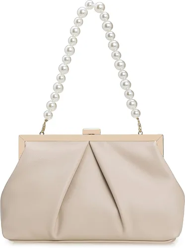 Vista 11 de CHARMING TAILOR Bolso de mano de piel sintética con marco de metal de PU fruncido, bolsa de noche formal con perla