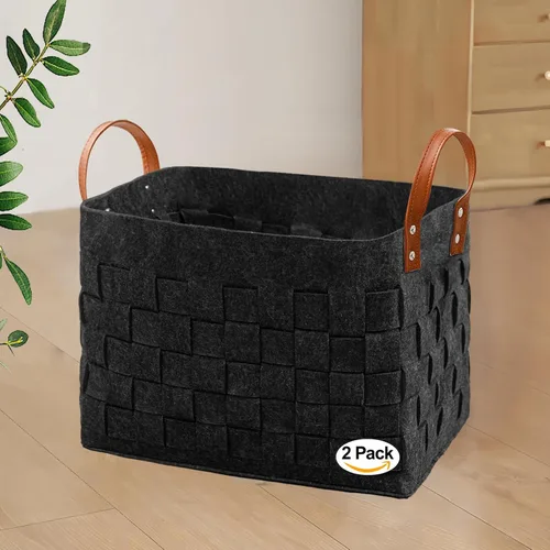 Vista 10 de boldmonkey Cesta para mantas de 15 x 13 x 11 pulgadas, paquete de 2 cestas rectangulares grandes para ropa sucia con mango de cuero, cesta suave