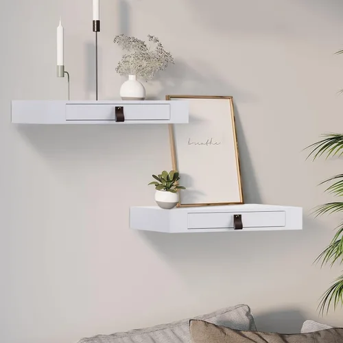 Vista 9 de Juego de 2 estantes flotantes con cajón, mesita de noche para dormitorio, baño o cocina, estante de pared de 16 pies con almacenamiento, color gris