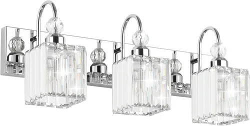 Vista 27 de Ralbay Modernas luces LED de cristal para tocador de baño, 3 luces de acero inoxidable, luces de tocador de cristal sobre el espejo, accesorios