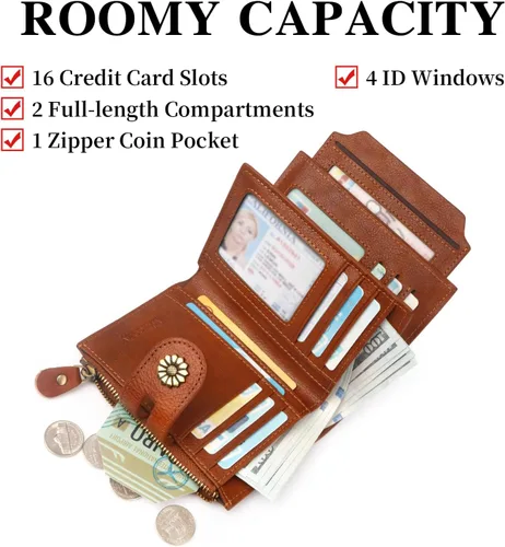 Vista 3 de Cartera de cuero con doble pliegue para mujer, bloqueo RFID, tarjetero compacto, cartera pequeña con ventana para identificación extraíble, A1
