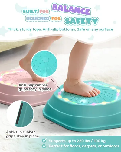 Vista 6 de Holyton Piedras iluminadas para niños, paquete de 5 juguetes de equilibrio sensorial musical con baterías recargables, piedras antideslizantes