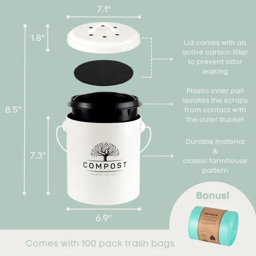 Vista 2 de Perfnique Cubo de Compost de Cocina, Cubo de Compost de Encimera de 1.3 Galones con Tapa, Cubo de Compost Interior Incluye Forro de Cubo