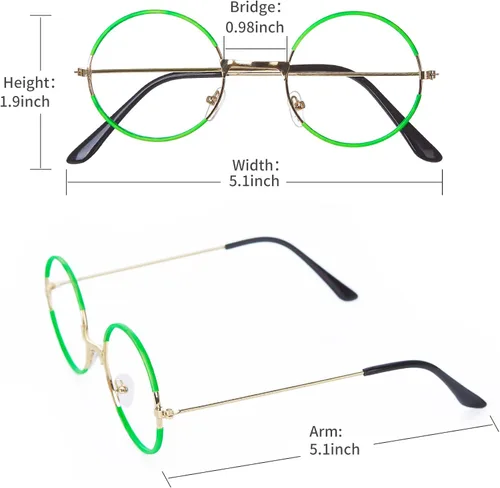 Vista 2 de Gafas verdes con marco de metal redondo sin lente con pompón azul pendientes con clip bolsa de monedero accesorios para disfraz