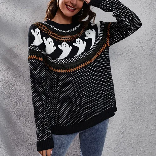 Vista 2 de Cocoarm Suéter de invierno básico de punto de manga larga con cuello redondo para mujer, casual, Halloween, estampado de fantasmas