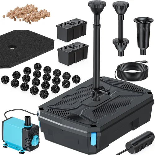 Vista 13 de Antfraer Kit de bomba de fuente solar de 12 W y filtro de estanque, sistema de filtración integrado con 4 boquillas, filtro de estanque de tubo
