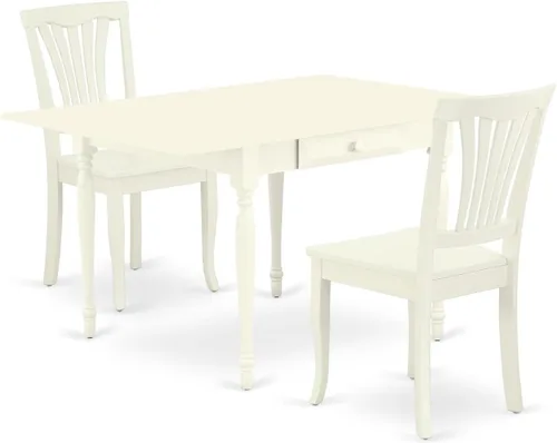 Vista 7 de East West Furniture MZAV3-BCH-W - Juego de comedor de 3 piezas para espacios pequeños que contiene una mesa de comedor rectangular con gotas y 2