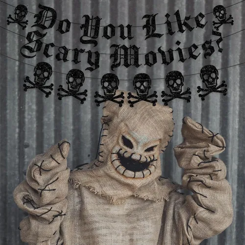 Vista 5 de Cartel de películas de terror con texto en inglés "Do You Like Scary Movies", guirnalda gótica de calavera inglesa, decoración de noche de películas
