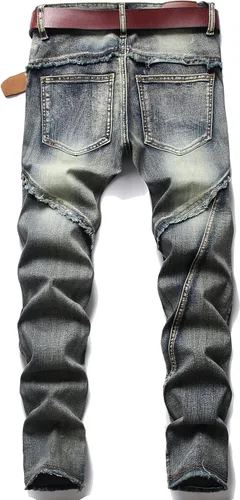 Vista 2 de XIMXIMMTIAN Jeans rectos para hombre, estilo motociclista, desgastados, desgastados, desgastados, rectos