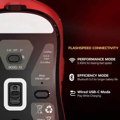 Vista 5 de ATTACK SHARK X3 - Mouse inalámbrico para juegos, 1.73 oz Bluetooth2.4GUSB-C, mouse ergonómico para computadora, sensor PAW3395 26K DPI, duración