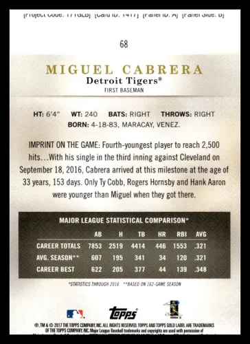 Vista 2 de 2017 Topps Gold Label Class 3#68 Miguel Cabrera NM-MT Detroit Tigers Baseball Trading Card