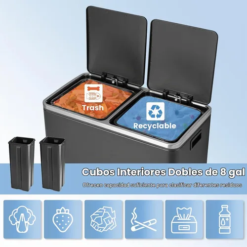 Vista 3 de Goplus Basurero doble de 60 litros (2 x 30 L)/16 galones de acero inoxidable, cubo de basura rectangular con cubos interiores y tapas con bisagras
