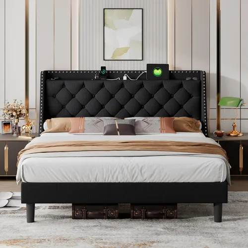Vista 14 de iPormis Marco de cama matrimonial con respaldo cómodo de 16 pulgadas y estación de carga, cama plataforma tapizada con cabecera de almacenamiento