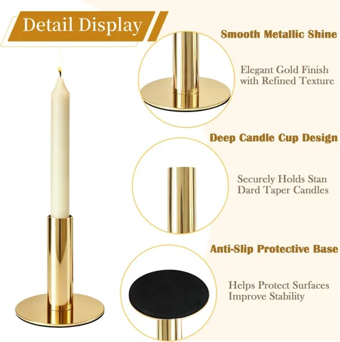 Vista 5 de Paquete de 4 portavelas cónicos dorados, portavelas de metal resistente para centro de mesa de boda, soporte rústico para mesa de comedor, mantel