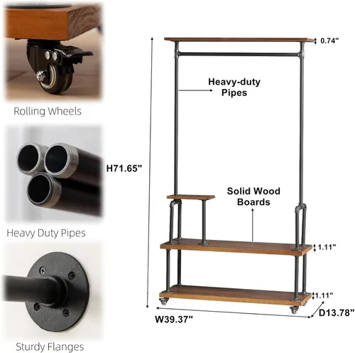 Vista 4 de Perchero industrial para ropa, estilo tubo, perchero de ropa Steampunk resistente, árbol de pasillo con ruedas con estante y almacenamiento