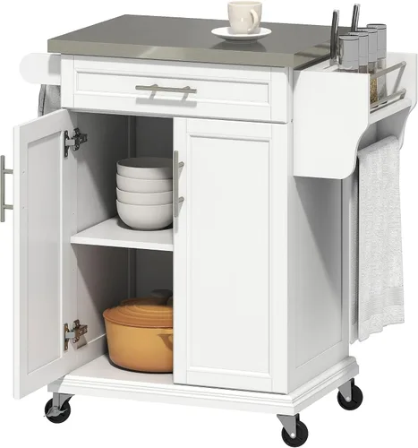 Vista 11 de HOMCOM Isla de cocina sobre ruedas, carrito de cocina rodante con encimera de acero inoxidable, cajón, toallero y estante de especias, carrito