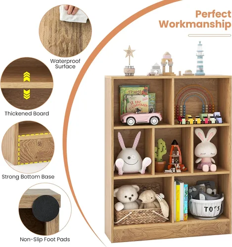 Vista 6 de Costzon 7-Cube Bookshelf for Kids, Wooden Toy Storage Organizer w/ 2 Anti-Toppling Kits, 3 Tier Open Shelves & Non-Slip Foot Pads, Montessori Toy