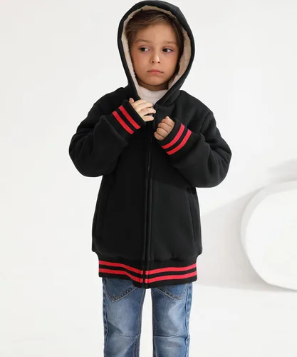 Vista 5 de Bumeex Chaqueta con forro polar Sherpa para niños y niñas, para primavera, otoño, invierno, con cremallera, sudadera con capucha de 2 a 14 años Negro