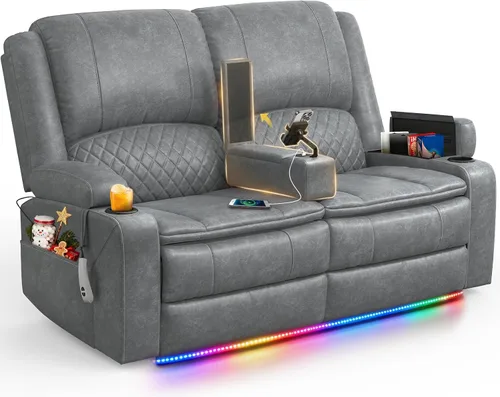 Vista 27 de Sofá reclinable de 3 plazas, sofá reclinable con consola elevable (terciopelo, gris)