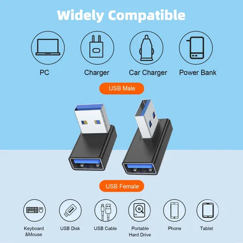 Vista 5 de AreMe Adaptador USB 3.0 de 90 grados, paquete de 4, arriba y abajo, ángulo Negro