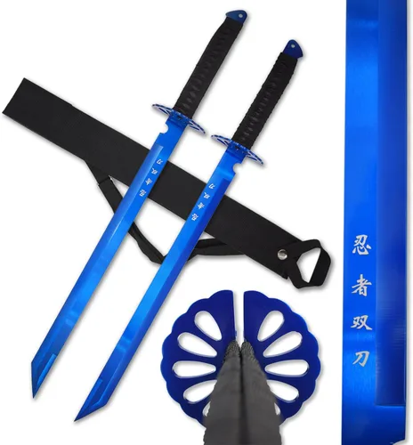 Vista 6 de Juego de espada ninja doble con mango envuelto de nailon negro, 28 pulgadas en total, hoja de acero inoxidable de 18.25 pulgadas, incluye correa