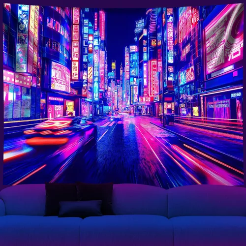 Vista 11 de NYZE Tapiz de luz negra de ciudad, tapiz de anime japonés, juego punk, fantasía, vista nocturna, paisaje urbano, arte futurista, neón, tapices