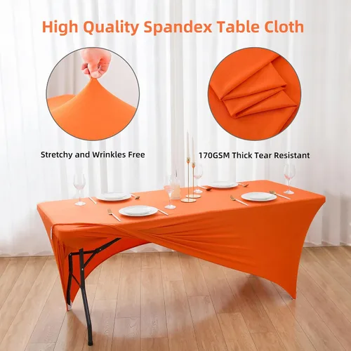 Vista 4 de Paquete de 4 manteles de elastano naranja sin arrugas para mesas plegables rectangulares de 6 pies, manteles elásticos ajustables de 6 pies