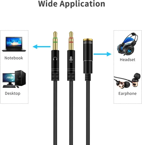 Vista 2 de Divisor de auriculares para computadora de 0.138 in hembra a 2 auriculares dobles de 0.138 in macho micrófono de audio y cable divisor en Y, Negro