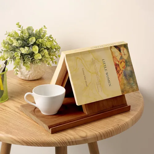 Vista 9 de LITIVY Marcador de madera triangular, pequeña estantería con soporte para bebidas, soporte de lectura de libros de madera con ranuras, soporte