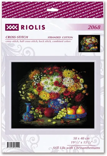 Vista 2 de RIOLIS - Naturaleza muerta con crisantemos 2068, kits de punto de cruz 19¾"x15¾¾¾¾", Kits de punto de cruz para adultos, Kits de punto de cruz