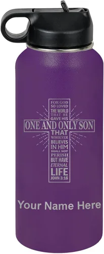 Vista 46 de LaserGram Botella de agua personalizada, versículo bíblico John 3-16, acero inoxidable de doble pared aislada al vacío con popote superior, regalo