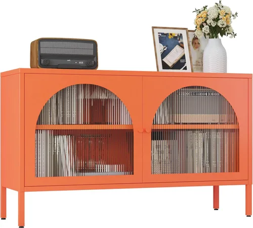 Vista 19 de Gabinete de almacenamiento de metal, soporte de TV de 2 puertas, armario decorativo con puertas y estante ajustable, armario de metal, mesita
