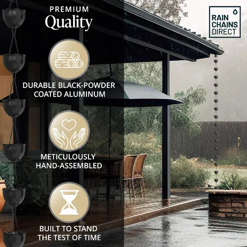 Vista 4 de Rain Chains Direct - Cadena de lluvia de tulipán - 8.5 pies - Aluminio recubierto de polvo negro - Cadenas de lluvia premium para canalones
