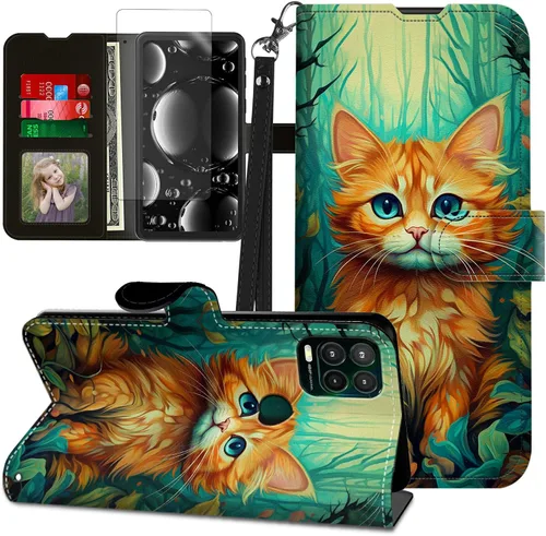 Vista 323 de Funda para Motorola Edge 2022 con protector de pantalla, soporte y tarjetero y correa para la muñeca, funda magnética para Moto Edge 2022 5G UW Lobo