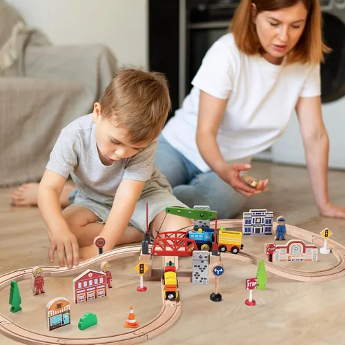 Vista 5 de SainSmart Jr. Juego de accesorios de tren de madera, puente de elevación movible con riel para niños, compatible con Thomas, Brio, Chuggington