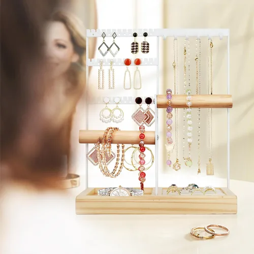 Vista 7 de Espistmo Organizador de joyas, organizador de joyas de 4 niveles, organizador de aretes con 48 agujeros, 6 ganchos para collares, pulseras y soporte