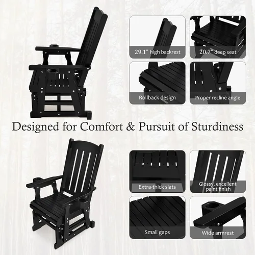 Vista 5 de Fortune Candy Planeador de madera para patio para una persona, con respaldo alto y asiento contorneado profundo, madera de abeto maciza, resistente