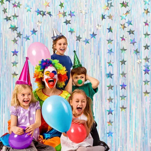 Vista 4 de Cheerland Decoraciones de fiesta iridiscentes holográficas de oropel telón de fondo de estrellas brillantes con purpurina para decoración