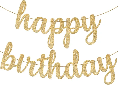 Vista 11 de Cartel cursivo negro de feliz cumpleaños – pre-encordado, 10 pies Decoraciones de feliz cumpleaños con purpurina para mujeres, hombres, niños