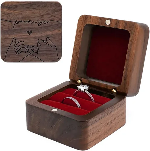 Vista 10 de Caja de madera para anillos grabada, caja de almacenamiento de joyas cuadrada rústica, caja de anillo vintage para ceremonia de boda, compromiso