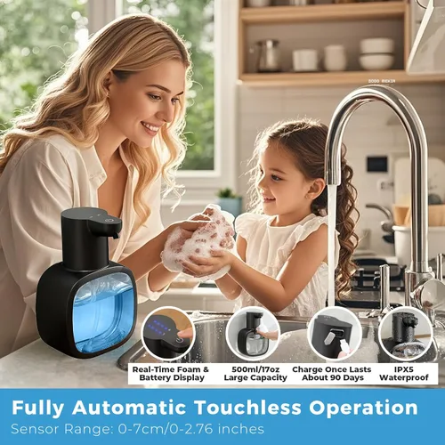Vista 2 de Dispensador automático de jabón espumoso, 17oz/500ml recargable sin contacto con 4 niveles ajustables e IPX5 resistente al agua - pantalla de nivel
