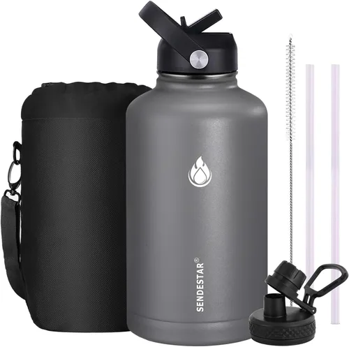 Vista 65 de SENDESTAR Botella de agua aislada de 24 onzas, boca ancha, botella de agua de 24 onzas con tapa con popote, tapa de boquilla, acero inoxidable