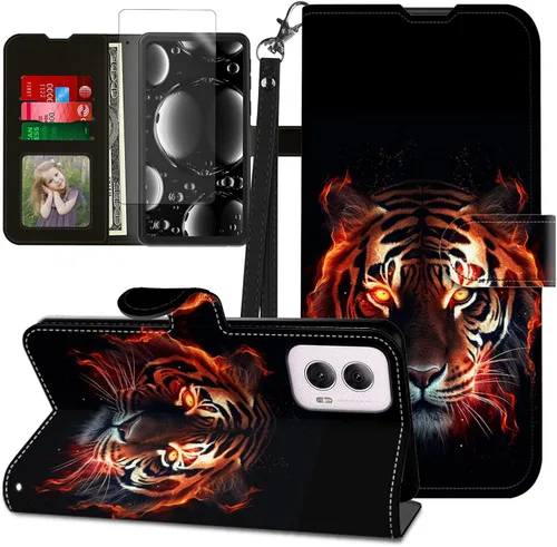 Vista 380 de Funda para Motorola Edge 2022 con protector de pantalla, soporte y tarjetero y correa para la muñeca, funda magnética para Moto Edge 2022 5G UW Lobo