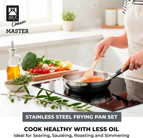 Vista 3 de BRA COOKWARE Master 2 - Juego de sartenes profesionales de 8 + 10.2 pulgadas, sartén de acero inoxidable, compatible con todas las estufas, sartén
