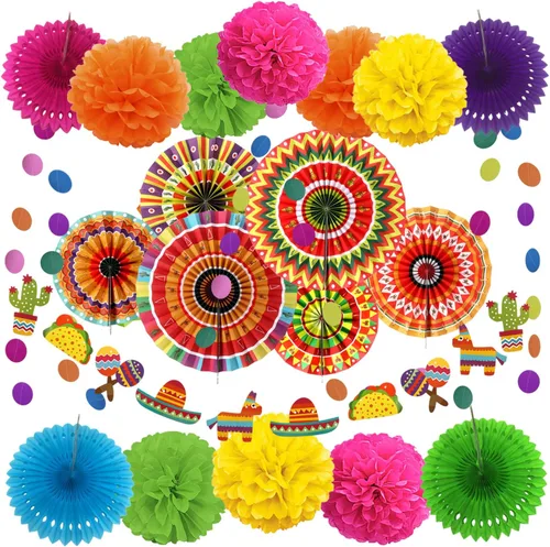 Vista 10 de Zerodeco - Decoración de fiesta, 21 piezas de abanicos de papel, pompones flores, tiras de cuerdas de lunares y banderines triangulares