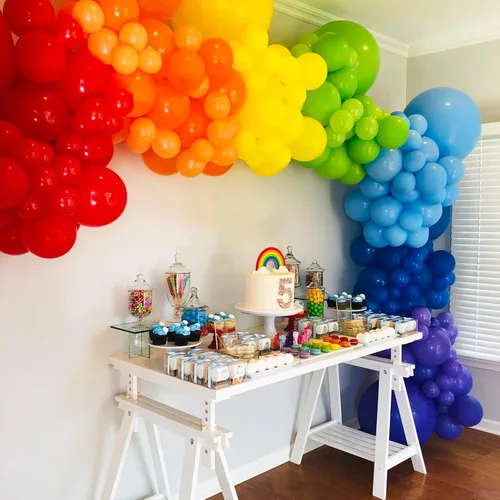 Vista 6 de RUBFAC Kit de arco de guirnalda de globos de arco iris de 189 piezas, 7 colores surtidos de globos de látex de 5/12/18 pulgadas para fiesta