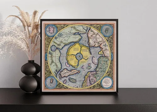 Vista 3 de Mercators 1595 - Póster artístico de pared con diseño de mapa de la tierra plana de las regiones del polo norte Septentrionalium Terrarum, póster