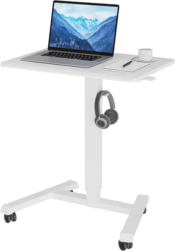 Vista 8 de BONTEC Escritorio móvil de pie de altura ajustable, carrito rodante para laptop con estante de almacenamiento, ganchos, estación de trabajo portátil
