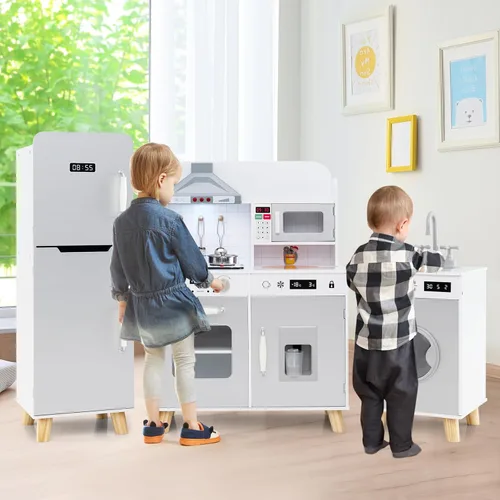 Vista 5 de Costzon Cocina de juego de 3 piezas para niños, juego de cocina de juguete de madera con refrigerador, lavadora, campana extractora, máquina